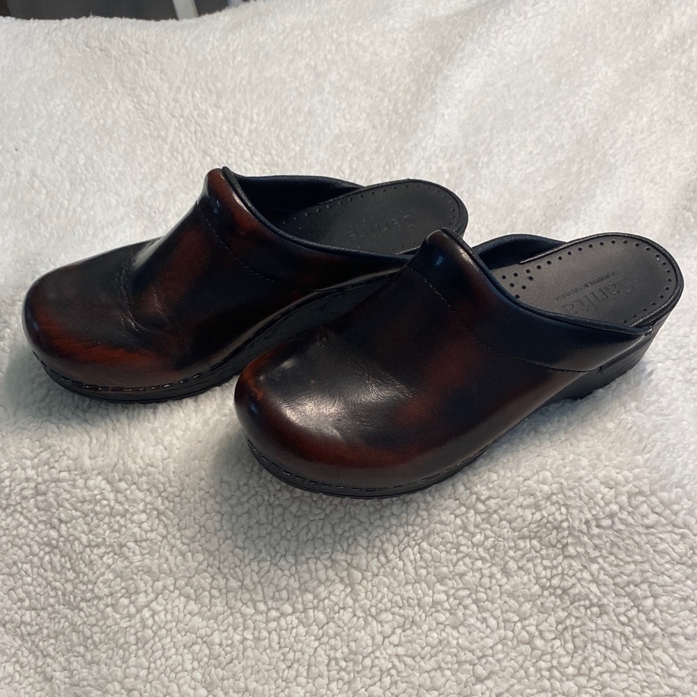 Sanita Dark Brown and Black Leather Clogs